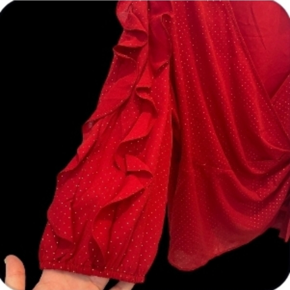 NY&C Red With Gold Polka Dot Wrap Blouse XXL  Long Sleeve Holiday Ready NWT - Picture 6 of 9